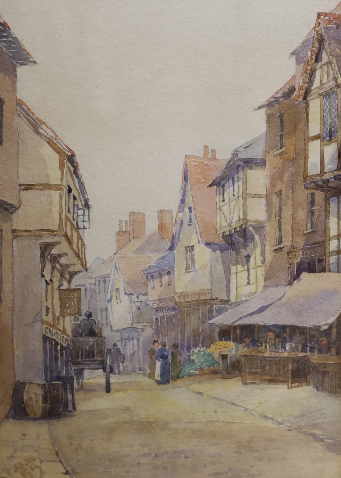 H.B., watercolour, Figures in woodland, signed, 15 x 28cm and a watercolour street scene by another hand, 27 x 19cm
